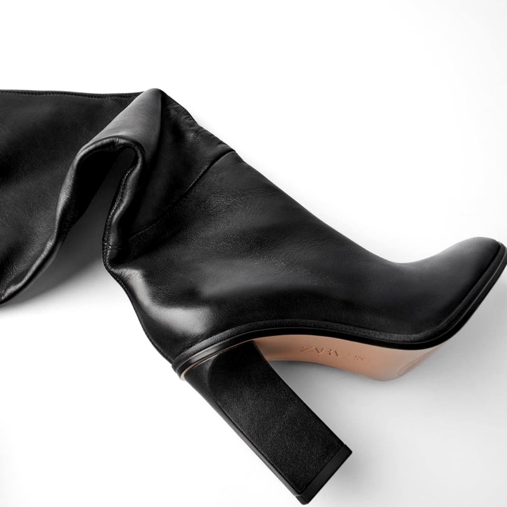 ZARA Slouchy Heeled High Shaft Leather Boots - Picture 4 of 7